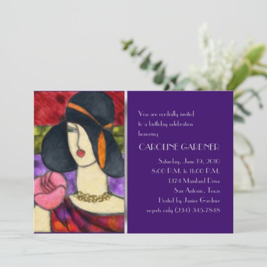 誕生日招待状アールデコ女性 招待状 (スタンド正面)