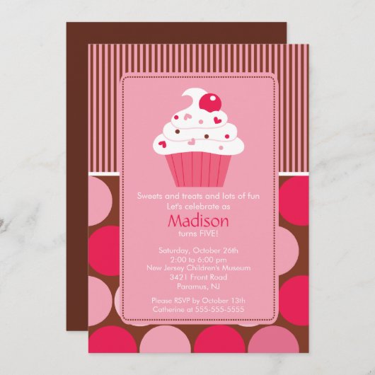 誕生日招待状カウトさくらんぼカップケーキピンクブラウン 招待状 (正面/裏面)