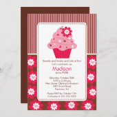 誕生日招待状キュートフラワーカップケーキピンクブラウン 招待状 (正面/裏面)