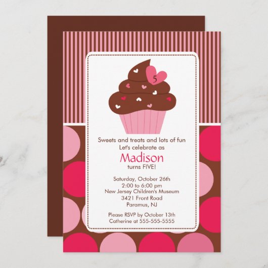 誕生日招待状スイートハートカップケーキピンクブラウン 招待状 (正面/裏面)