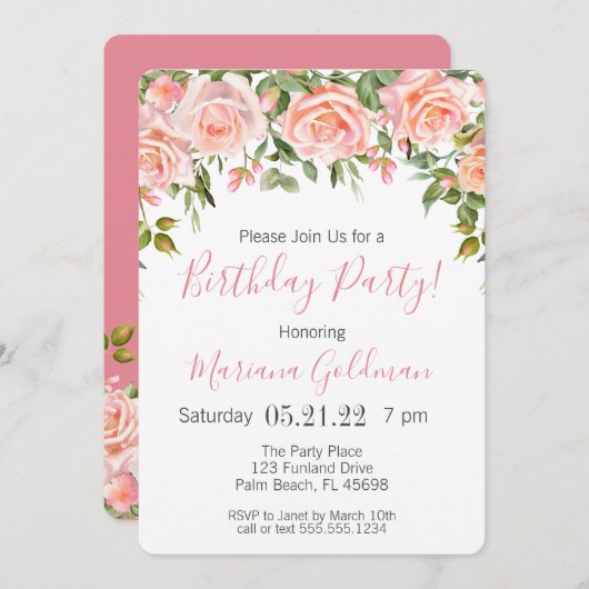 誕生日招待状ピンクフローラモダンパーティー 招待状 (正面/裏面)
