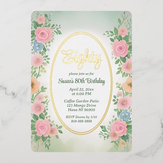 誕生日招待状ピンク春水彩フローラ 箔招待状 (正面)