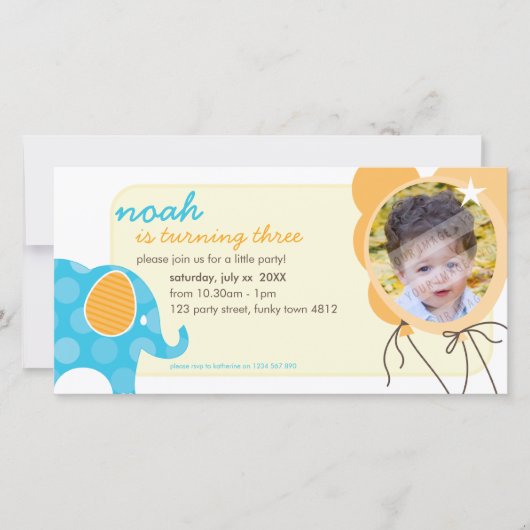 誕生日招待状フォトカード:：象+風船1 (正面)