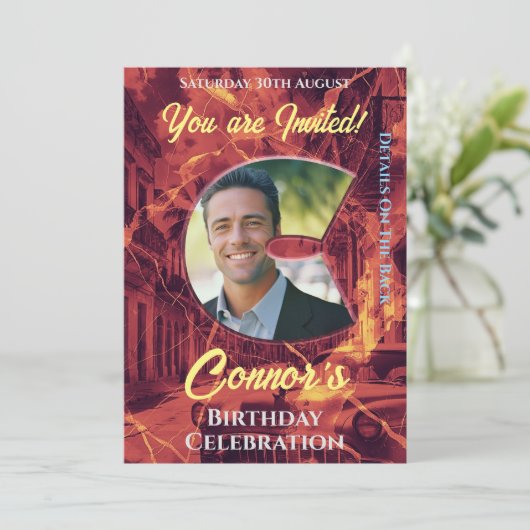 誕生日招待状写真Cの威圧写真と彼 招待状 (スタンド正面)