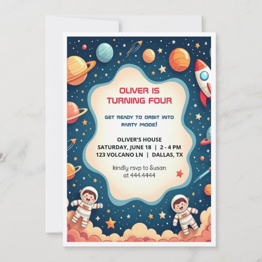 誕生日招待状宇宙ボーイフティートフラットカード 招待状 (正面)