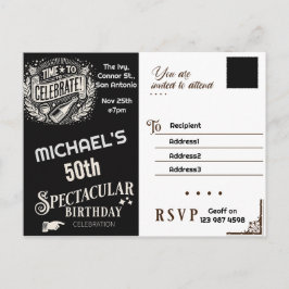 誕生日招待状白黒ヴィンテージ ポストカード