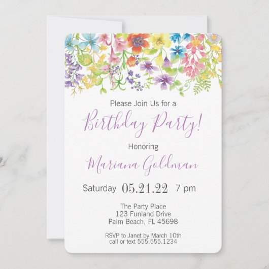 誕生日招待状紫ワイルドフラワーパーティー 招待状 (正面)