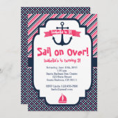 誕生日招待状航海のテーマインPink & Navy 招待状 (正面/裏面)