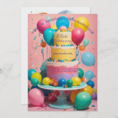 誕生日招待状:ケーキとバルーンのデザイン 招待状 (正面/裏面)