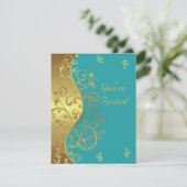 誕生日招待状:ティール（緑がかった色）と金ゴールドの渦巻き 招待状 (スタンド正面)