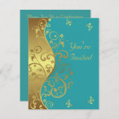 誕生日招待状:ティール（緑がかった色）と金ゴールドの渦巻き 招待状 (正面/裏面)
