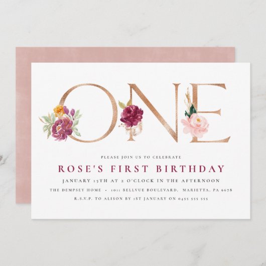 誕生日招待状 | フローラバラ金ゴールド 招待状 (正面/裏面)