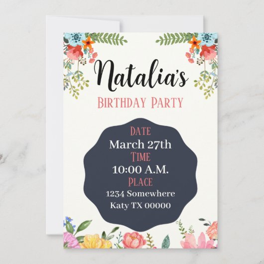 誕生日招待状、フローラ、パーティー、シャワー、ブライダル 招待状 (正面)
