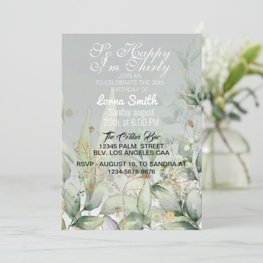 誕生日招待状|ユーカリプス·グリーナリー·ウォーターコル 招待状 (スタンド正面)