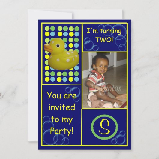 誕生日招待状-濃い青/黄色のダック、写真 招待状 (正面)