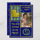 誕生日招待状-濃い青/黄色のダック、写真 招待状 (正面/裏面)