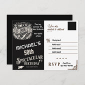 誕生日招待状　黒と白のヴィンテージスタイル ポストカード (正面/裏面)