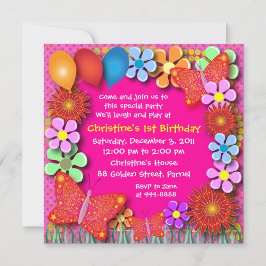 誕生日招待状:003C蝶と花 招待状 (正面)