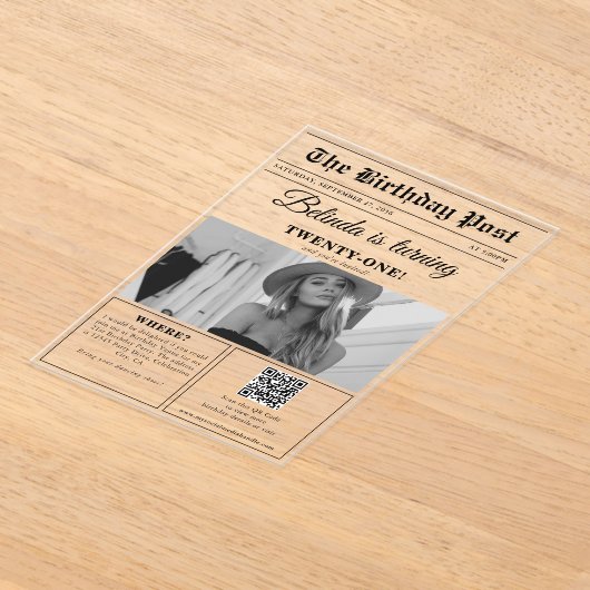 誕生日新聞おもしろいモノクロ写真 アクリル招待状 (レイダウン)