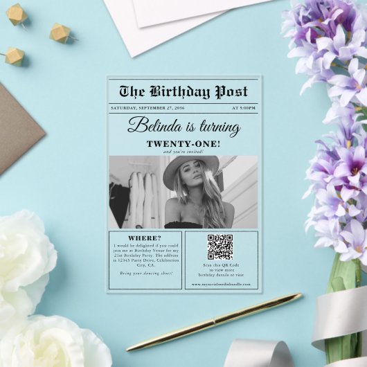 誕生日新聞おもしろいモノクロ写真 アクリル招待状 (インサイチュ (ウェディング))