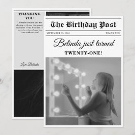 誕生日新聞おもしろいモノクロ写真 サンキューカード