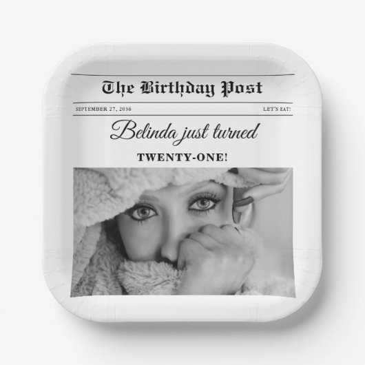 誕生日新聞おもしろいモノクロ写真 ペーパープレート (正面)