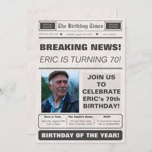 誕生日新聞とフォトブレイクニュース追加 招待状 (正面/裏面)