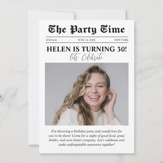 誕生日新聞カバーレトロ写真 招待状 (正面)