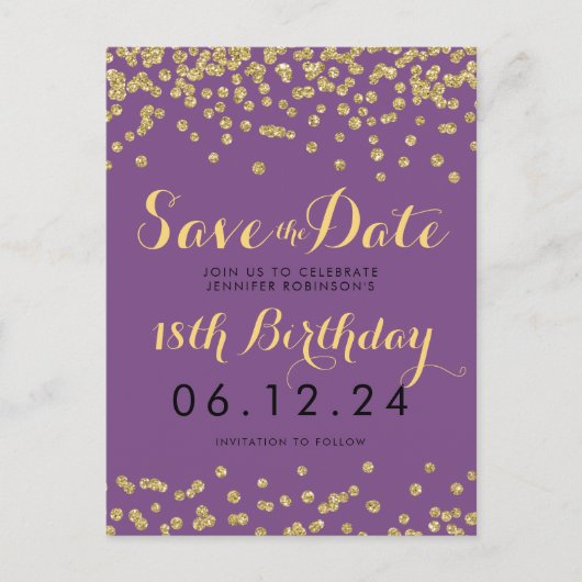 誕生日日救付金ゴールドグリッター紙吹雪紫 案内ポストカード (正面)