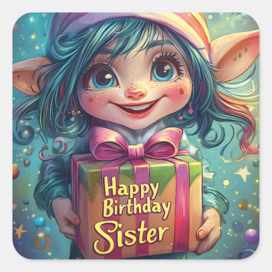 誕生日格言-ハッピーバースデー姉妹 スクエアシール (正面)