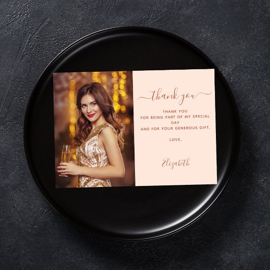 誕生日桃バラ金ゴールド写真サンキューカード 招待状