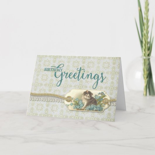 誕生日案内ヴィンテージ子猫ラベル カード (正面)
