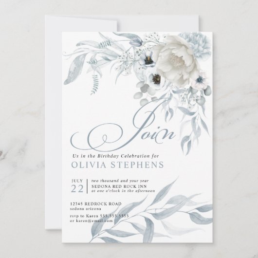 誕生日水の色淡い色のほこりっぽい青フローラ 招待状 (正面)