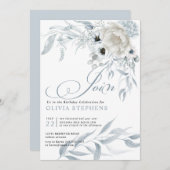 誕生日水の色淡い色のほこりっぽい青フローラ 招待状 (正面/裏面)