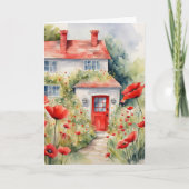 誕生日水彩コテージとケシ カード (正面)
