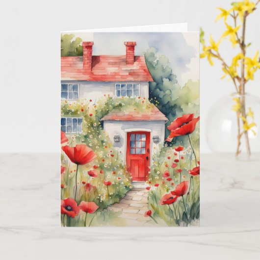 誕生日水彩コテージとケシ カード (黄色い花)