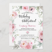 誕生日水彩ピンクのバラの花 招待状 (正面/裏面)