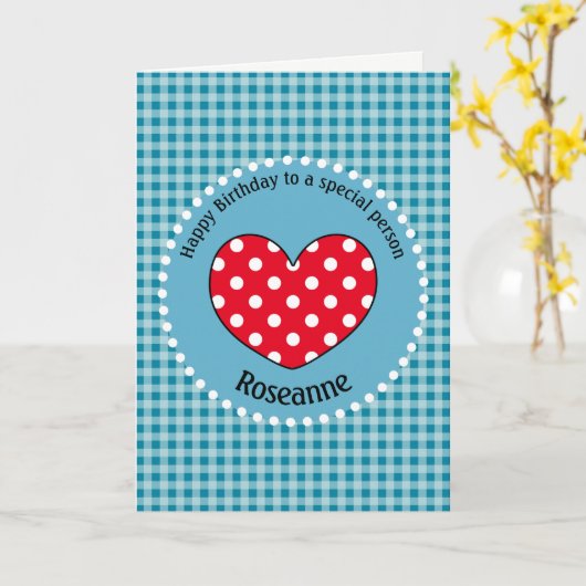 誕生日水玉模様ラブハートジンガムパーソナライズされた カード (黄色い花)