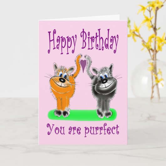 誕生日漫画スタイルふわふわの猫カップル カード (黄色い花)