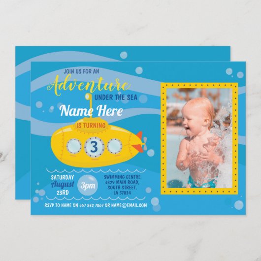 誕生日潜水艦スイミングパーティーフォト招待状 招待状 (正面/裏面)