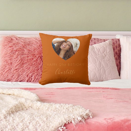 誕生日焼けオレンジ色の写真名スクリプト クッション