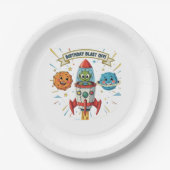 誕生日爆破！かわいいエイリアンインRocket Ship ペーパープレート (正面)