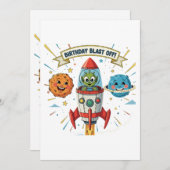 誕生日爆破！かわいいエイリアンインRocket Ship 招待状 (正面/裏面)