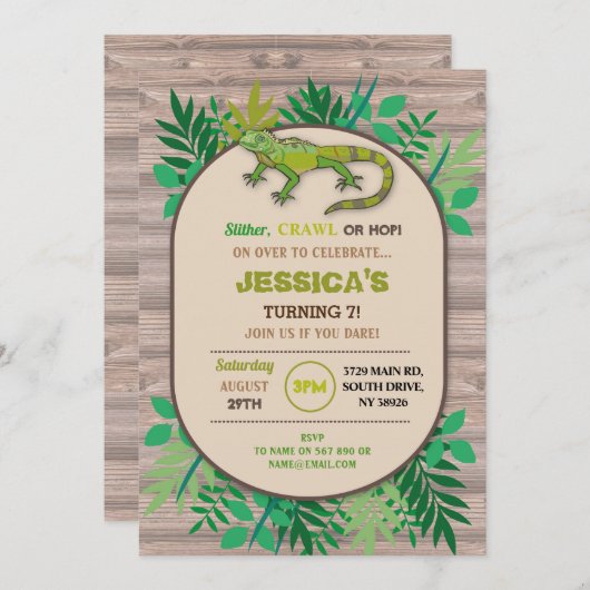 誕生日爬虫類子ども用誕生日トカゲクロール 招待状 (正面/裏面)