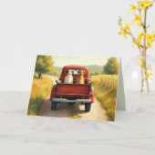 誕生日犬が赤いレトロトラック カード (黄色い花)