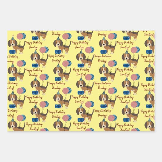 誕生日犬と贈り物や風船のある子犬 ラッピングペーパーシート (正面2)