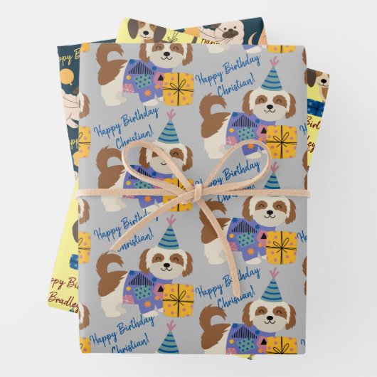 誕生日犬と贈り物や風船のある子犬 ラッピングペーパーシート (インサイチュ)