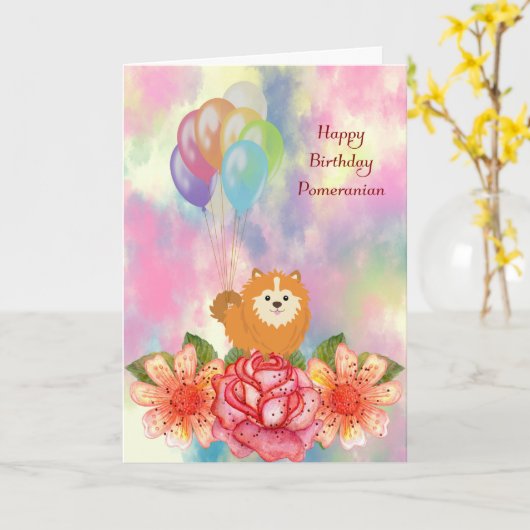 誕生日犬用ポメラニア犬カード カード (黄色い花)