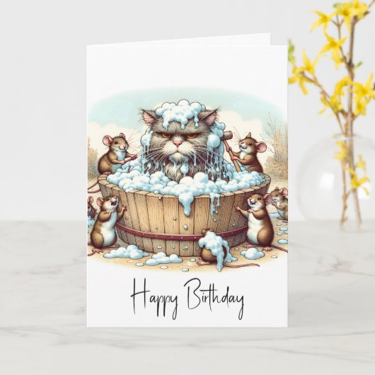 誕生日猫がお風呂に カード (黄色い花)