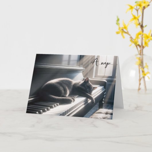 誕生日猫がピアノで昼寝をする鍵 カード (黄色い花)